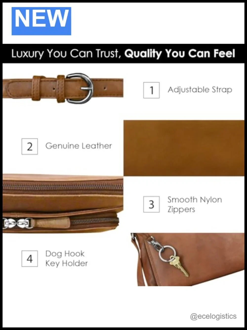 Genuine Leather Crossbody Bag with RFID Protection & Adjustable Strap, Wallet